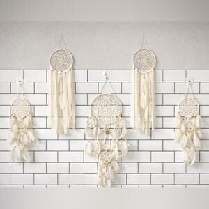 Boho Cream Dreamcatcher Wall Set 6pc Lace Feather Crochet Hanging Decor